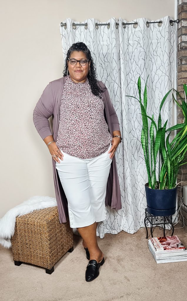 White crops and taupe duster