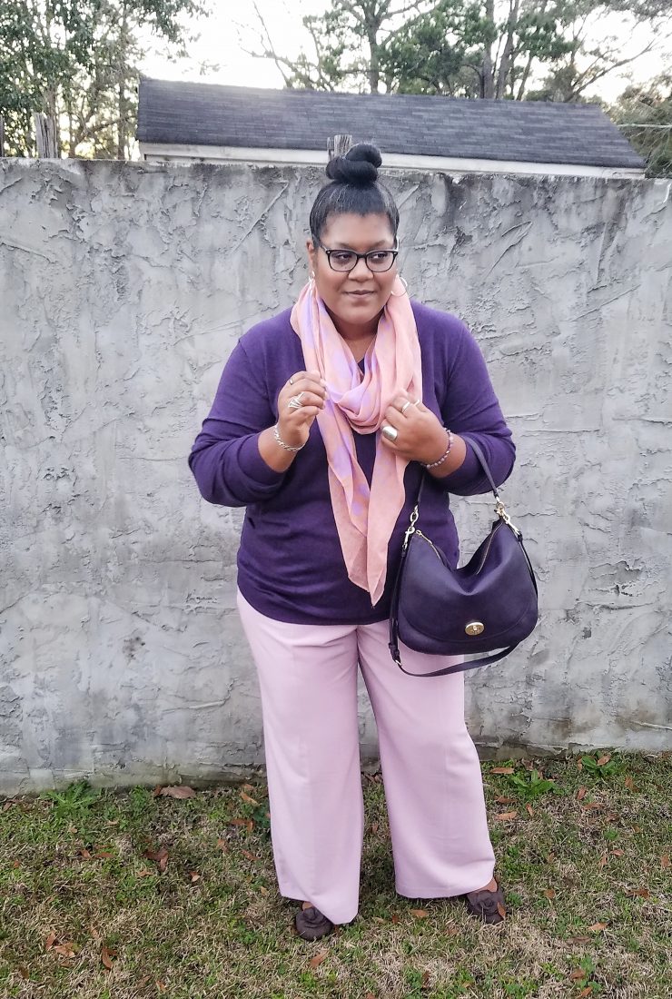 Purple sweater and wide leg pants